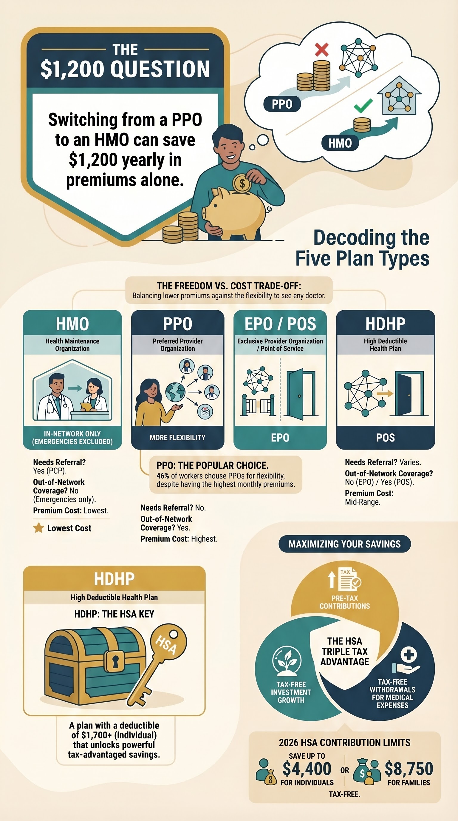Infographic comparing five health insurance plan types: HMO, PPO, EPO, POS, and HDHP with cost, network restrictions, and referral requirements