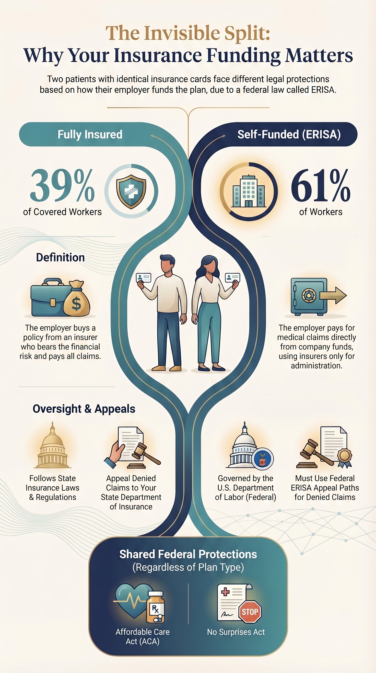 Infographic showing the split between fully insured and self-funded ERISA plans, including regulatory oversight and patient rights for each