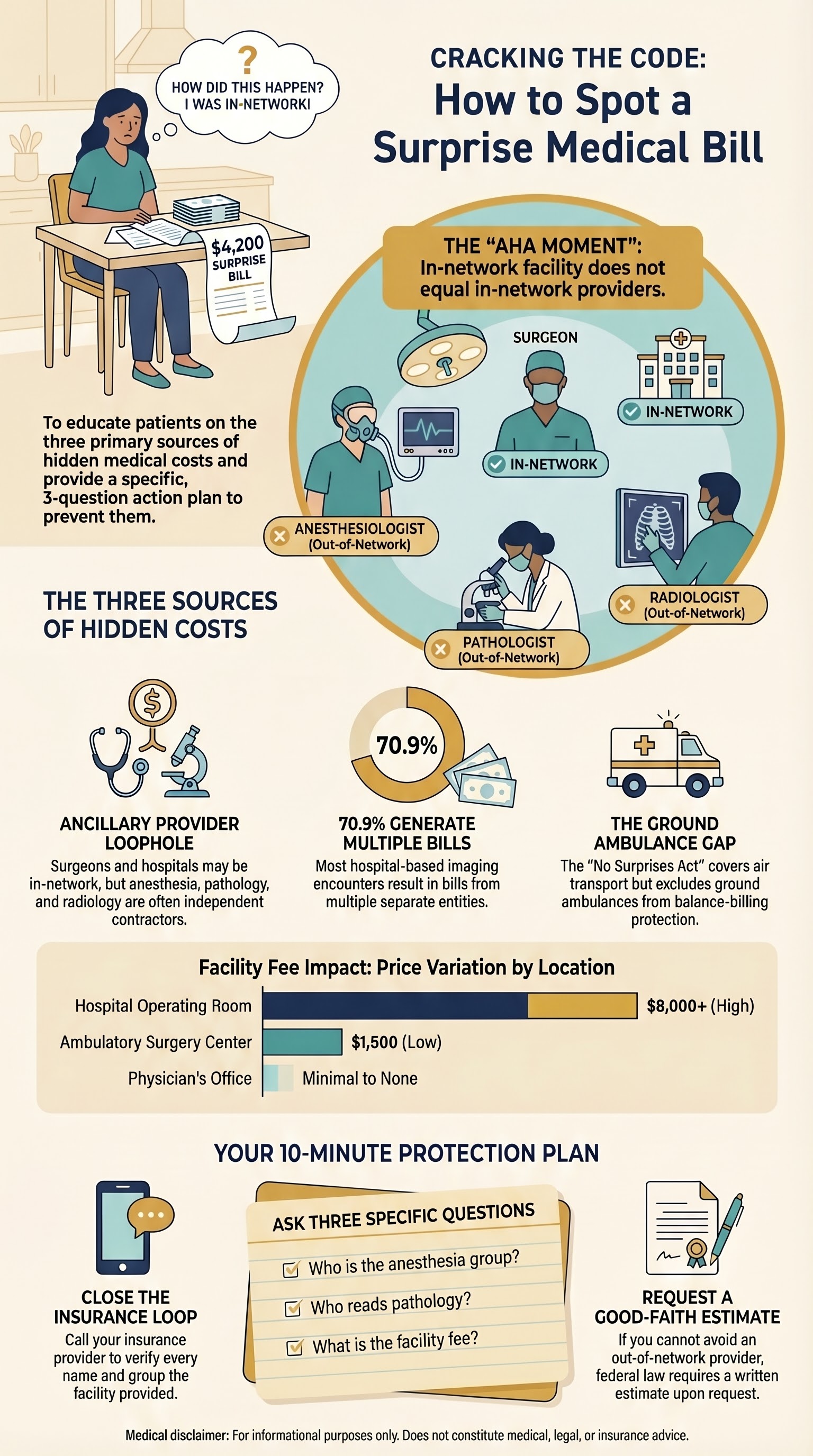 Infographic showing four sources of hidden medical costs: out-of-network ancillary providers, facility fees, ground ambulances, and price variation across facilities