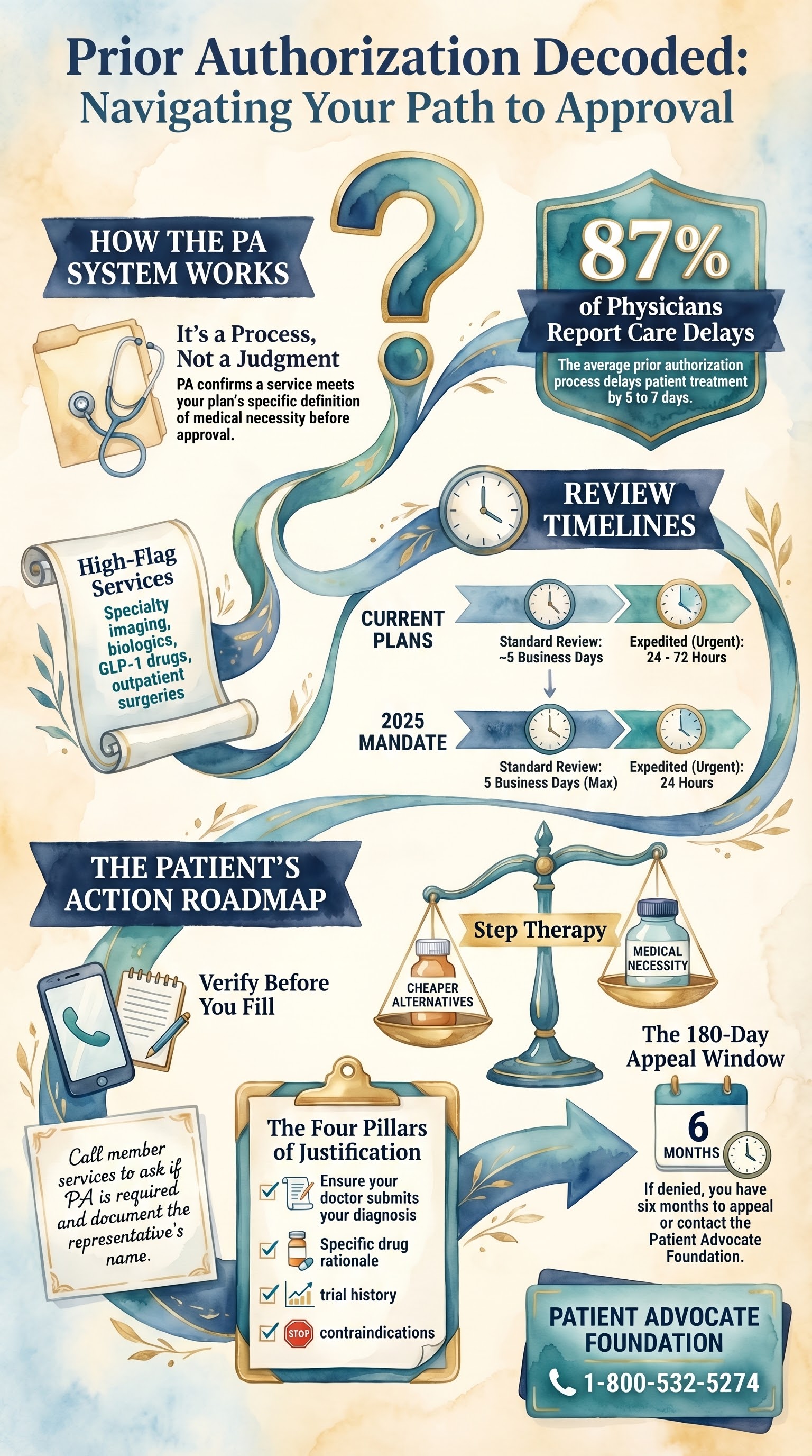 Infographic showing the prior authorization process from prescription to approval with required documentation