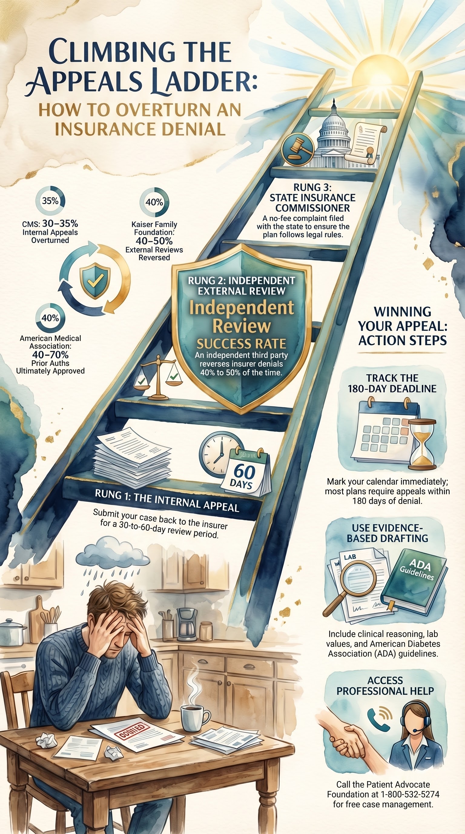 Infographic showing the three rungs of insurance appeals: internal appeal, expedited appeal, external review with deadlines