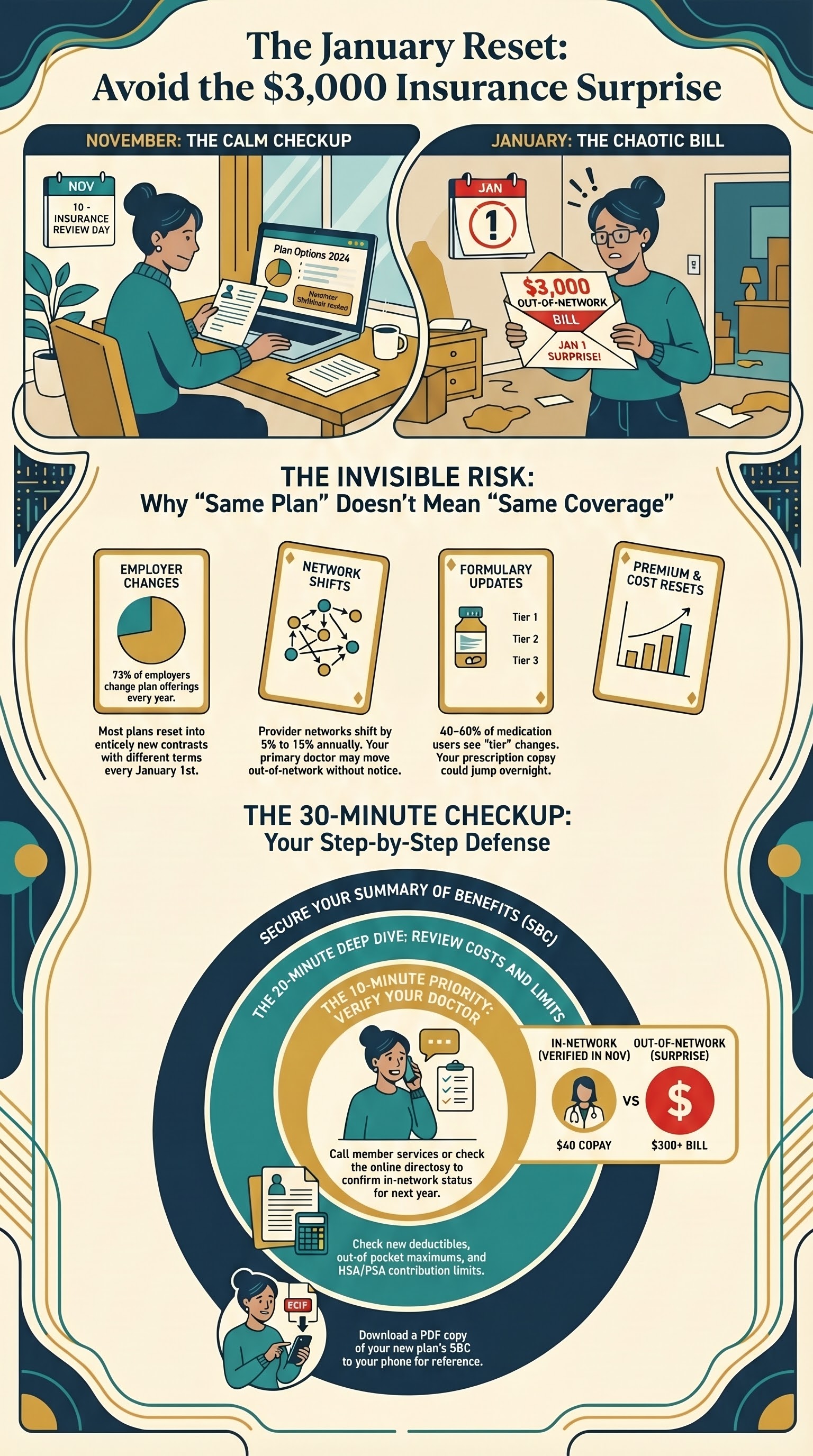 Infographic showing the 30-minute annual insurance checkup with seven review items for November