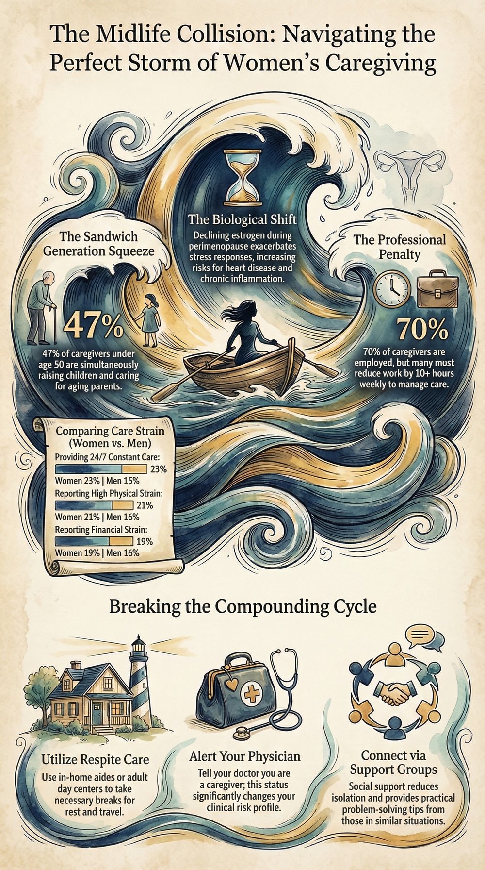 Infographic: The Midlife Collision &mdash; Navigating the Perfect Storm of Women&rsquo;s Caregiving. Shows three converging forces: the sandwich generation squeeze (47%), the biological shift during perimenopause, and the professional penalty (70% of caregivers are employed but must reduce hours). Includes data comparing care strain between women and men, and three evidence-based action steps: utilize respite care, alert your physician, and connect via support groups.